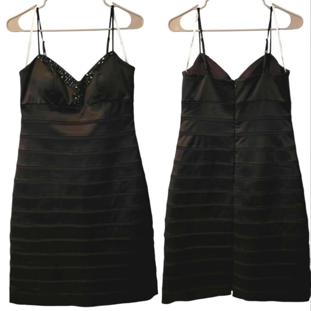 Oleg Cassini Black Satin Sweetheart Beaded Neckline Cocktail Dress LBD Wmn 6